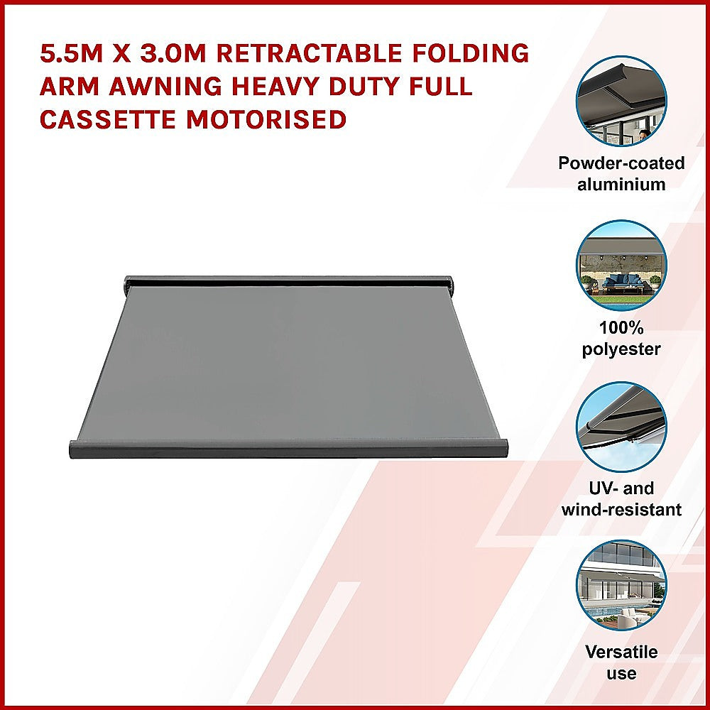 5.5m x 3.0m Retractable Folding Arm Awning Heavy Duty Full Cassette Motorised