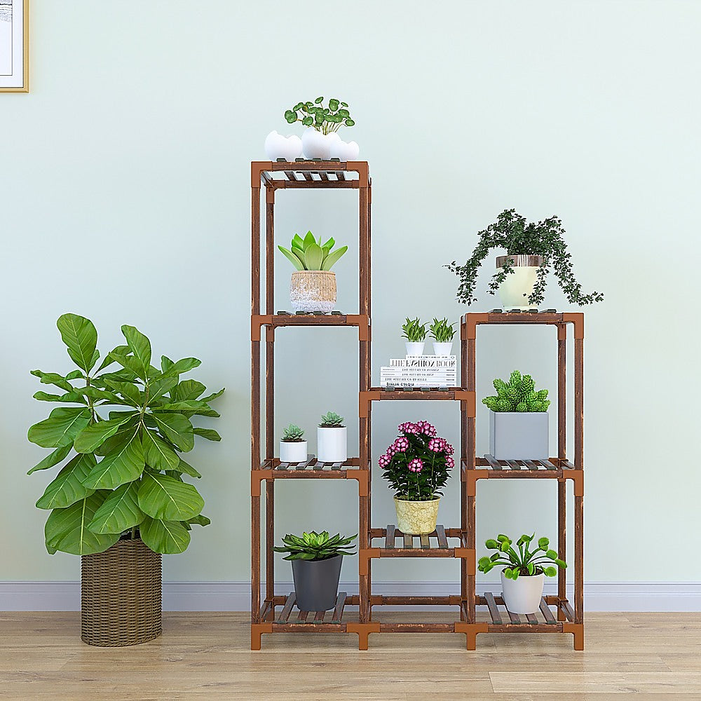 Indoor Outdoor Garden Plant Stand Planter Flower Pot Shelf Wooden Shelving - 9 Shelves