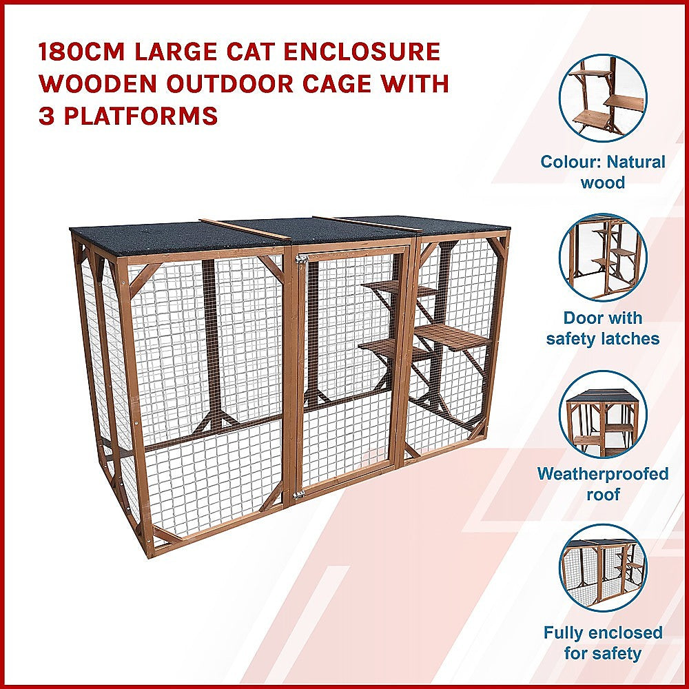 180cm Large Cat Enclosure Wooden Outdoor Cage with 3 Platforms