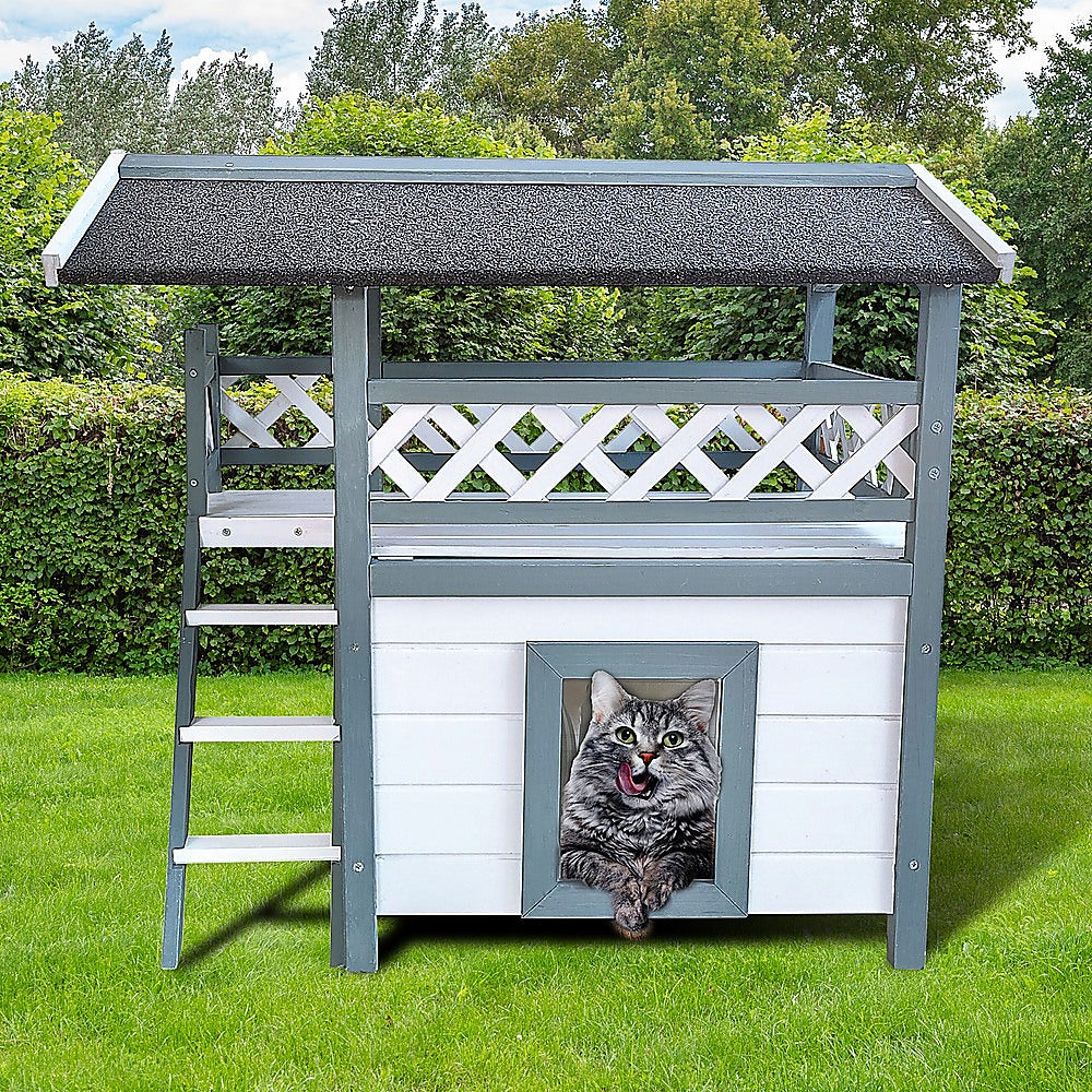 Cat House Weatherproof 2-Story Indoor Outdoor Wooden Shelter Bitumen Roof