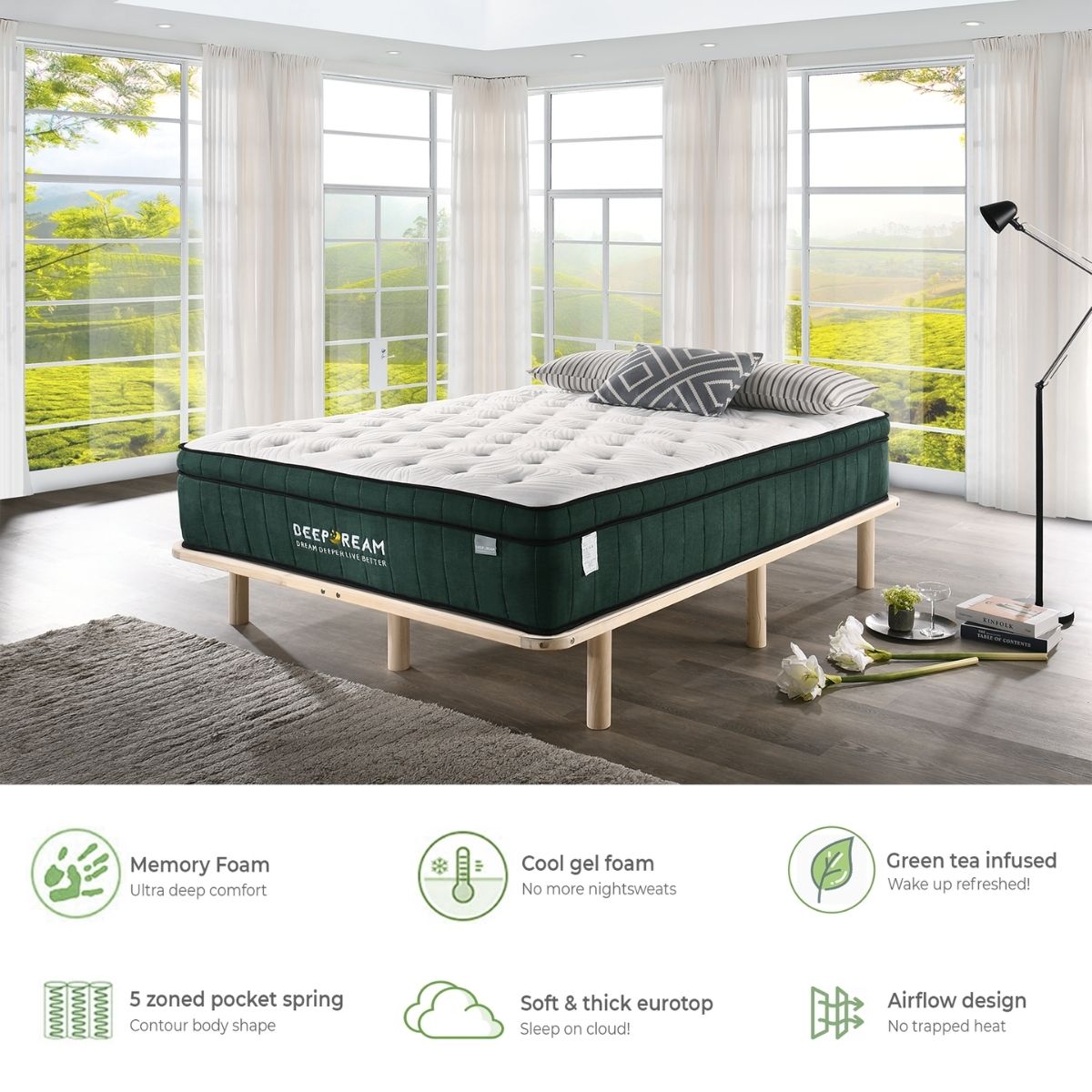 Green Tea Cool Gel Memory Foam Mattress 36cm 5 Zone King Single