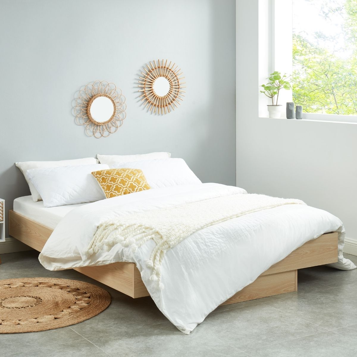 Natural Oak Wood Floating Bed Base King