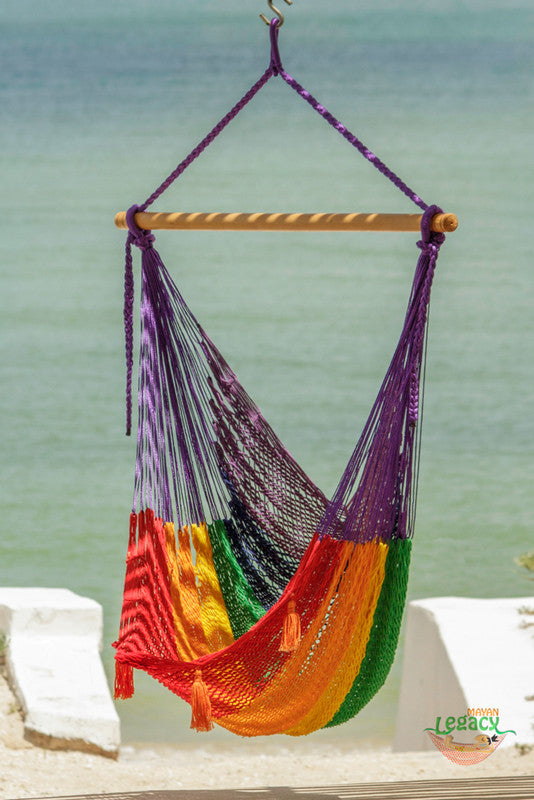 Mayan Legacy Extra Large Outdoor Cotton Mexican Hammock Chair in Rainbow Colour