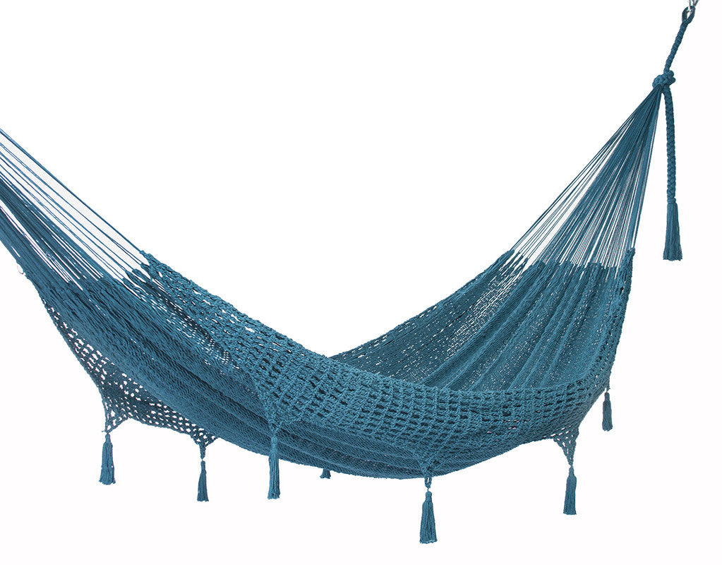 Outdoor undercover cotton Mayan Legacy hammock with hand crocheted tassels Queen Size Bondi