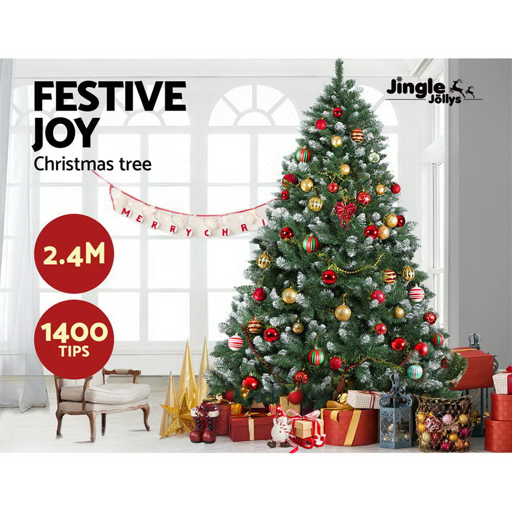 Jingle Jollys Christmas Tree 2.4m Snowy Xmas Tree Decoration 1400 Tips