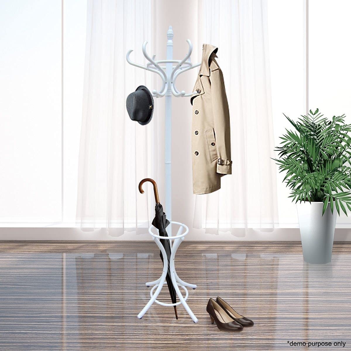 CARLA HOME White Coat Rack with Stand Wooden Hat and 12 Hooks Hanger Walnut tree