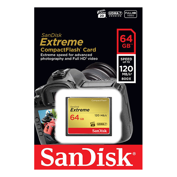 SanDisk 64GB Extreme CompactFlash Card with (write) 85MB/s and (Read)120MB/s - SDCFXSB-64G